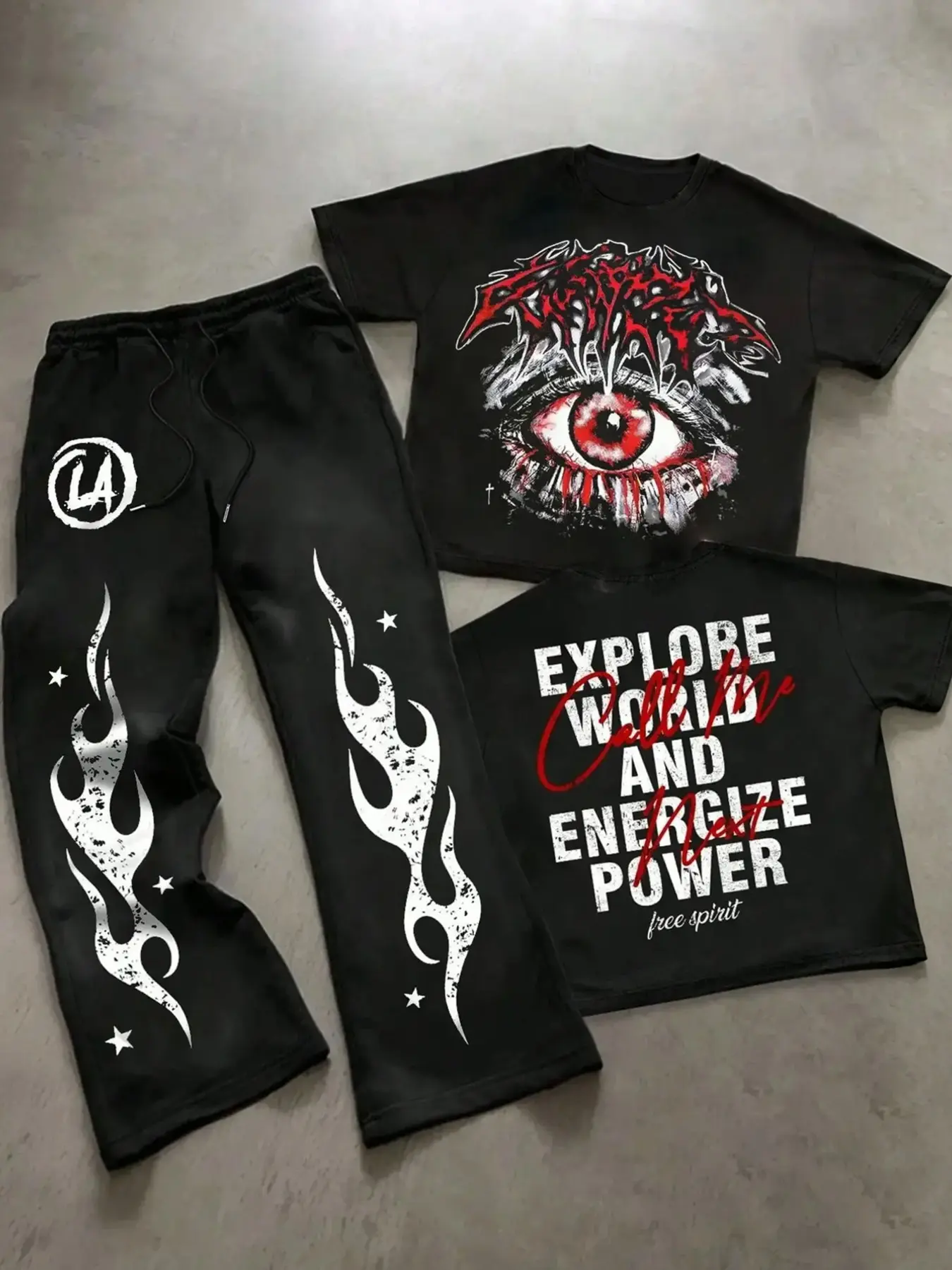 Eye Flame Print Two-Piece Set, Dramatic Eye Pattern T-Shirt + Los Angeles Flame Wide Leg Pants, Y2K Gothic Street Style