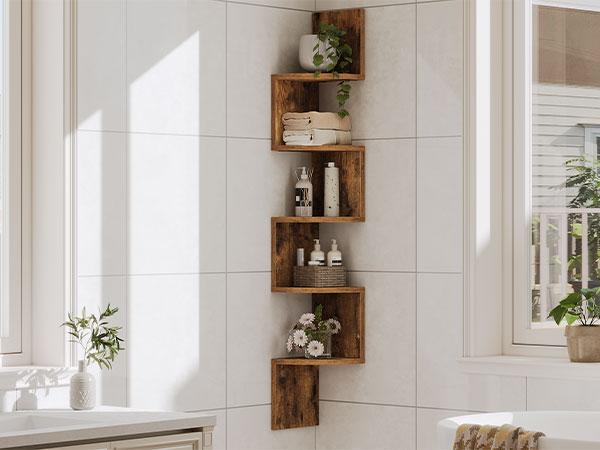 HOOBRO Corner Shelf Wall-Mounted, Set of 2 Floating Corner Shelves, 5-Tier Bookshelves for Wall Decor in Living Room, Bedroom, Bathroom, Home Office, Rustic Brown