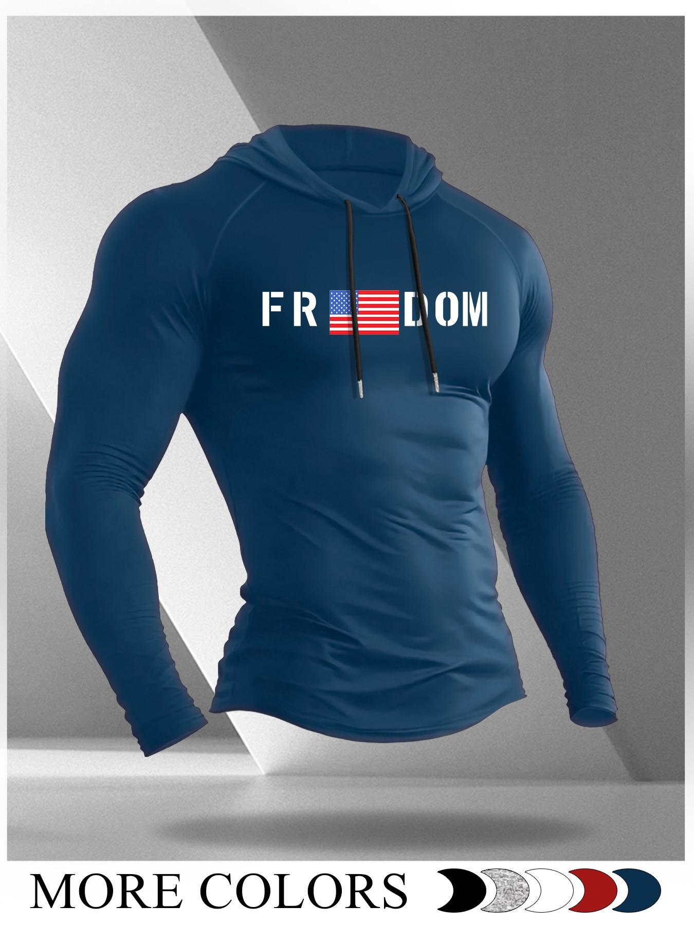 Men's Cartoon Print Long Sleeve Hooded T-Shirt, Casual Fitted Moderate Fabric Gym Workout Top for Fall