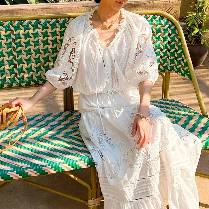 Women’s 100% Cotton Embroidered Two-Piece Set – French-Inspired Eyelet Blouse with Elbow-Length Puff Sleeves and High-Waisted Maxi Skirt, Boho Vacation Resort Outfit