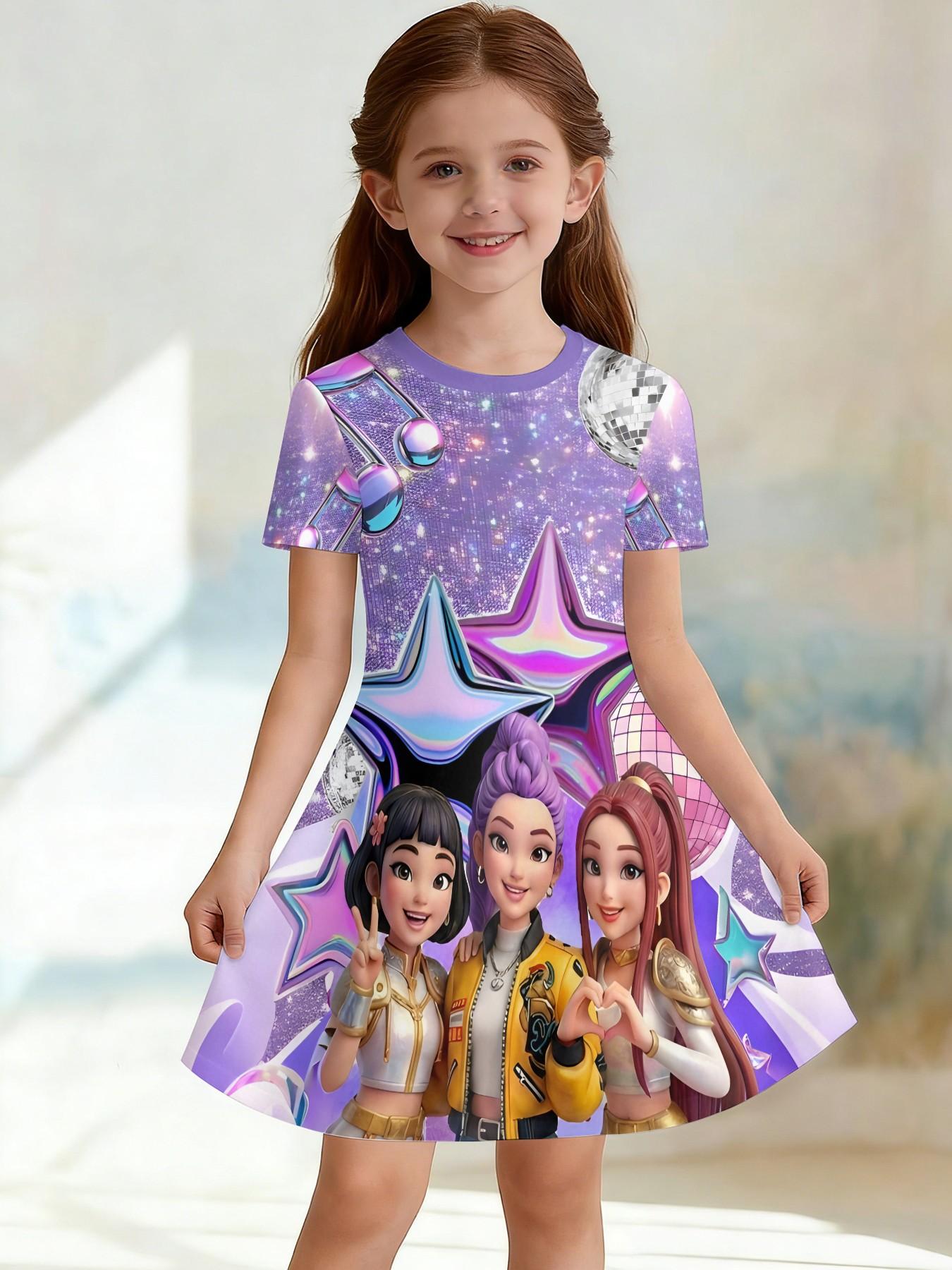Trendy Girls' Kpop Witch Group Print Dress, Kids Disco Star Casual Short Sleeve Skirt, Birthday Gift, Festival Gift