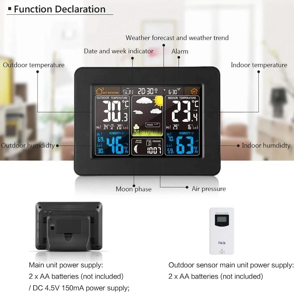Multi-Function Wireless Weather Station with Color Display, Indoor Outdoor Lcd Thermometer Hygrometer, Alarm Clock, Weather Forecast, Barometer, Moon Phase and Environmental Monitor for Home.