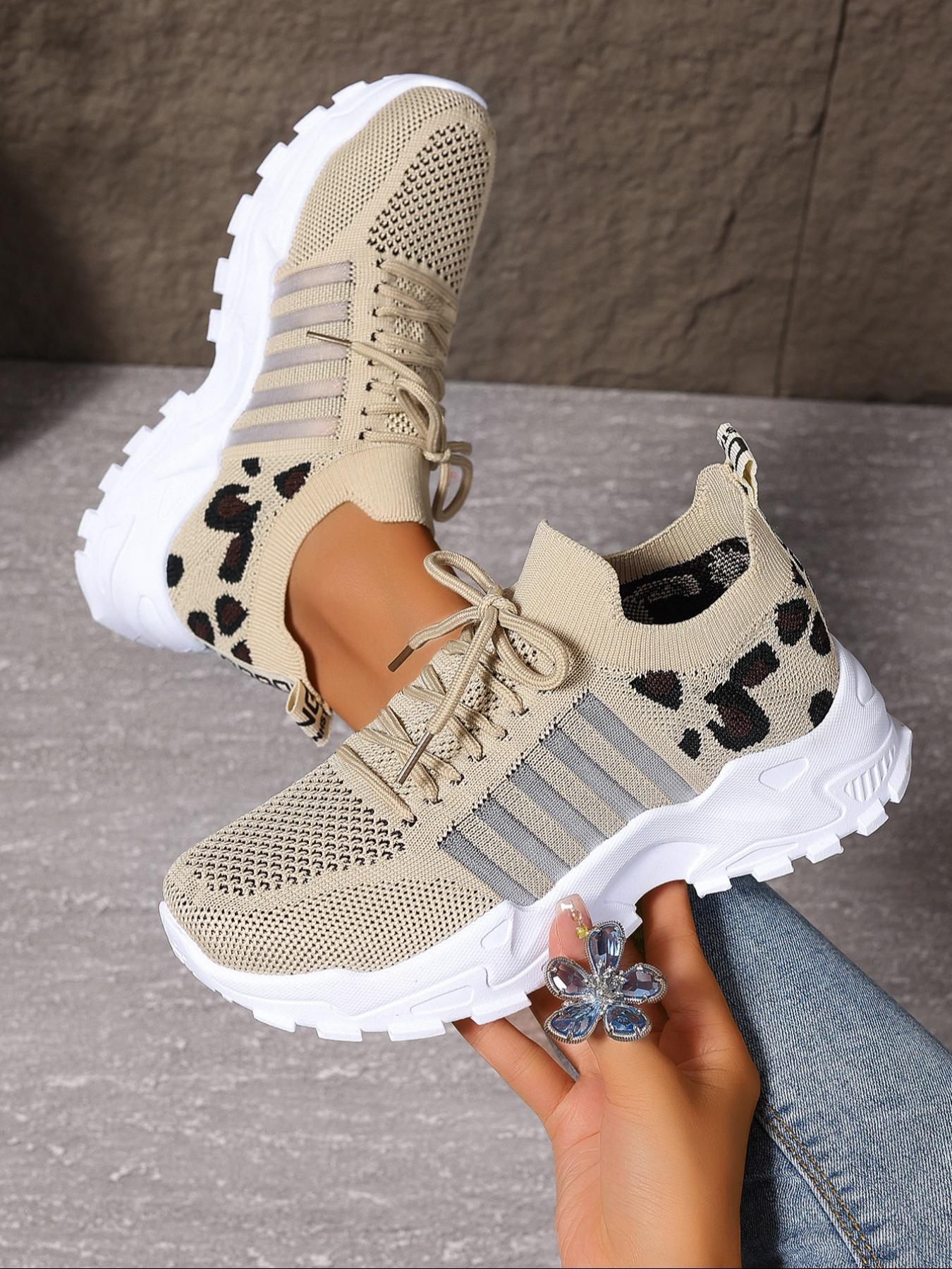 Women's Fashion Leopard Print Lace Up Low Top Sneakers, Casual Comfortable Sporty Running Shoes, Female All-match Round Toe Trending Fashionable Running Athletic Shoes for Daily Wear, Breathable Running Shoes, Workout Sneakers