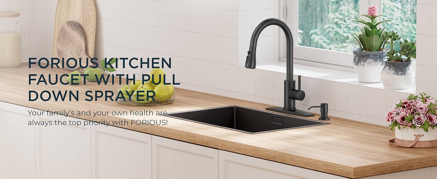FORIOUS Kitchen Faucet with Soap Dispenser, Kitchen Faucets with Pull Down Sprayer, Updated High Arc Single Hole Faucet for Kitchen Sink RV summergarden