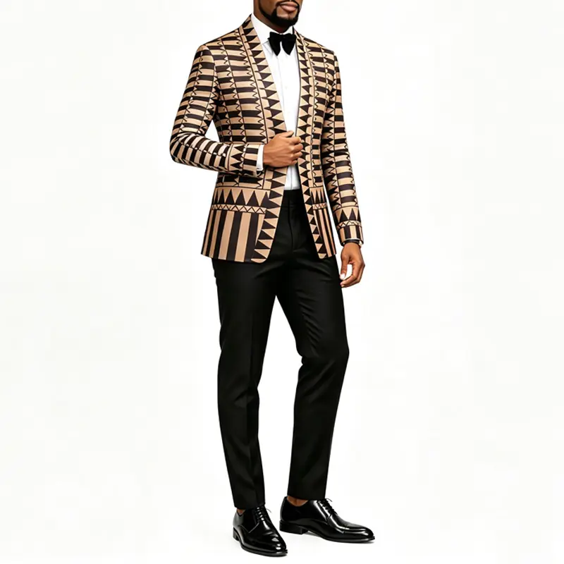 Luxury African Pattern Suit Jacket Men, Open Front Shawl Collar Tuxedo Blazer, Formal Dinner Wedding Party Coat