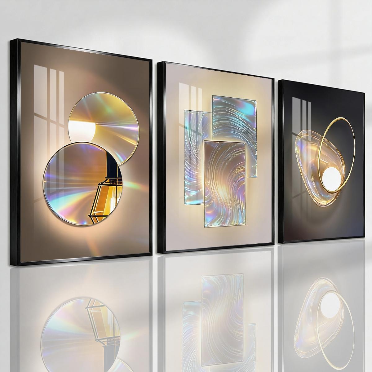 3 Counts Aluminum Alloy Framed Painting, Gradient Iridescent Abstract Light Art Pictures, Home Decoration For Living Room, Bedroom, Office, Restaurant, Hallway Wall Decor, Odorless Print Artwork, Luxury Perfect Gift For Friends And Family