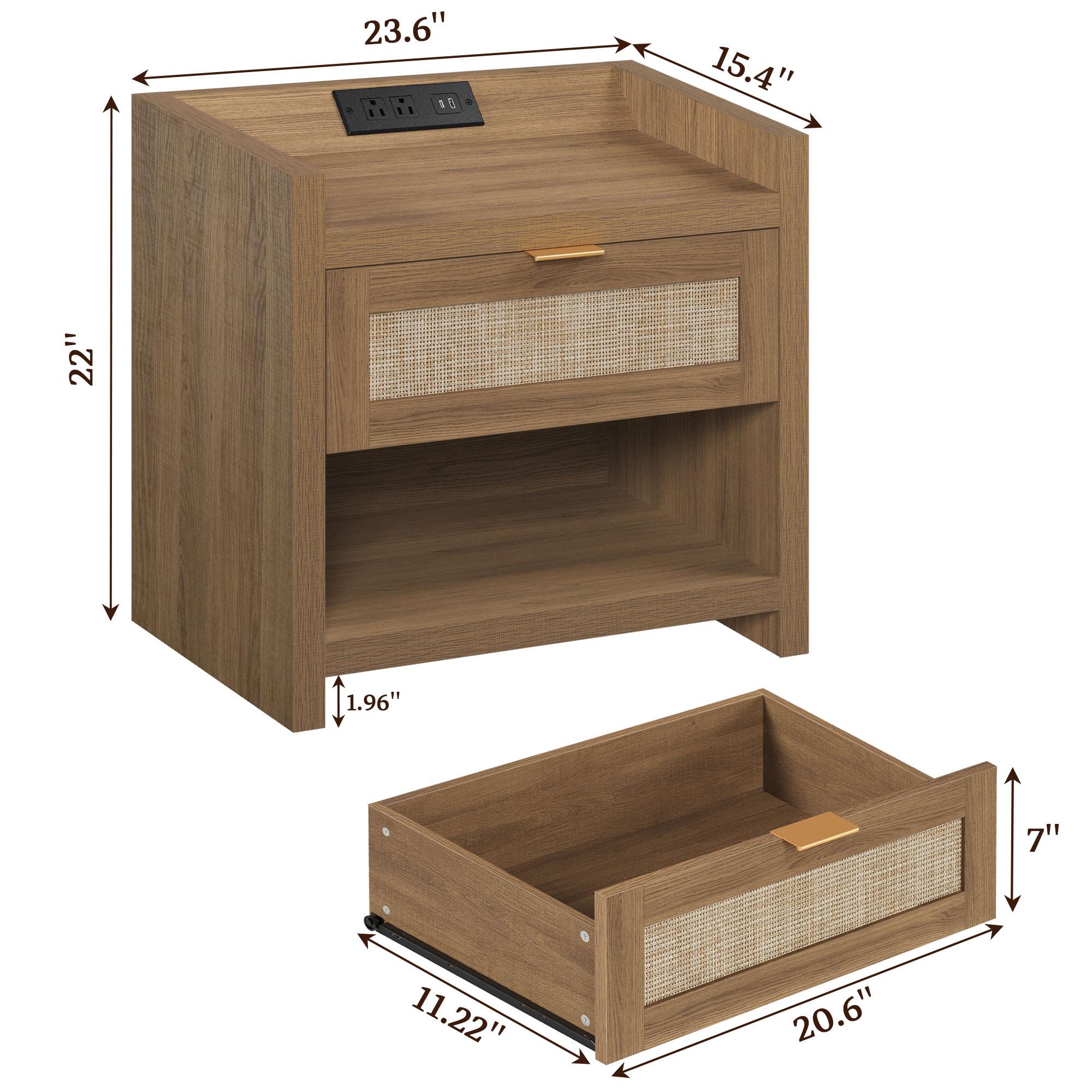 SICOTAS Night Stand Bed Side Table Set of 2- Rattan Nightstand with Type-C Charging Station, Drawer Storage End Table - 15.4" x 23.6" x 22.1" Size Boho Bedside Stand Night Stands for Bedroom Living Room Sofa Couch Office, Durable