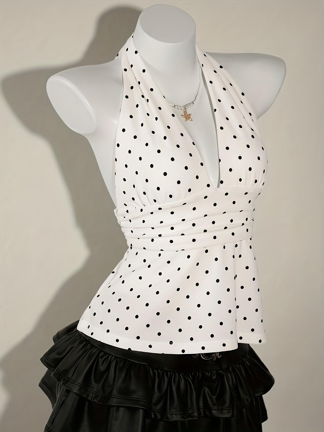 Summer Fashion New V Neck Polka Dot Tie Front Top Shirt, Elegant Backless Slim Fit Vacation Style Sexy Sleeveless Shirt