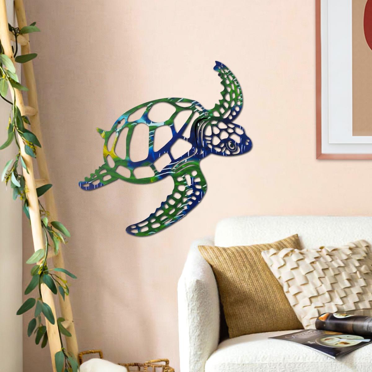 Modern Creative Iron Turtle Wall Decor, Colorful Painted Art Lines Design, Bathroom Beach Wall Tropical Ocean Wind Hanging Decoration, Modern Home Decoration