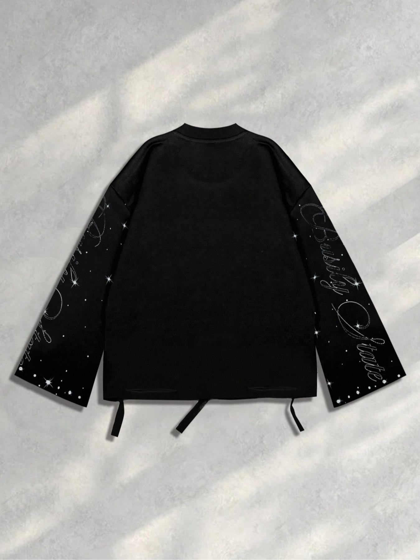 Men's Vintage Street Style Saint Graphic Print Long Sleeve Round Neck T-Shirt, Loose-Fitting Short Fit, Fall 2000s Fashion