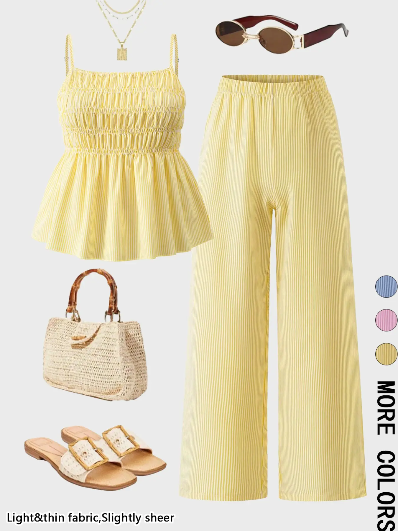 Women's Casual 2-Piece Set, Striped Elastic Waist Tank Top + Wide Leg Long Pants, Loose-Fitting Sweet Style