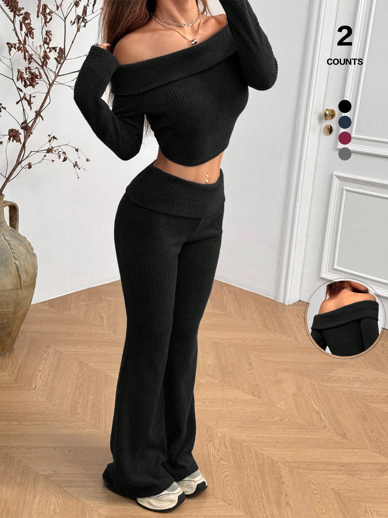 2026 Women's 2-Piece Matching Set, Off-The-Shoulder Long Sleeve Crop Top & High-Waist Flare Leg Pants, Sexy Y2K Ribbed Knit