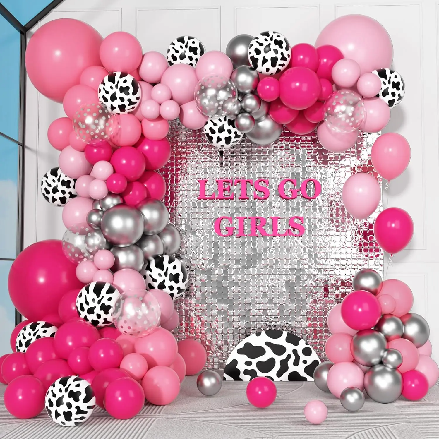 170Pcs Hot Pink Balloon Garland Arch Kit for Cowgirl Birthday | Pink Silver Cow Print Balloons for Last Rodeo Disco Bachelorette Western Let's Go Girl Baby Shower Decorations Supplies