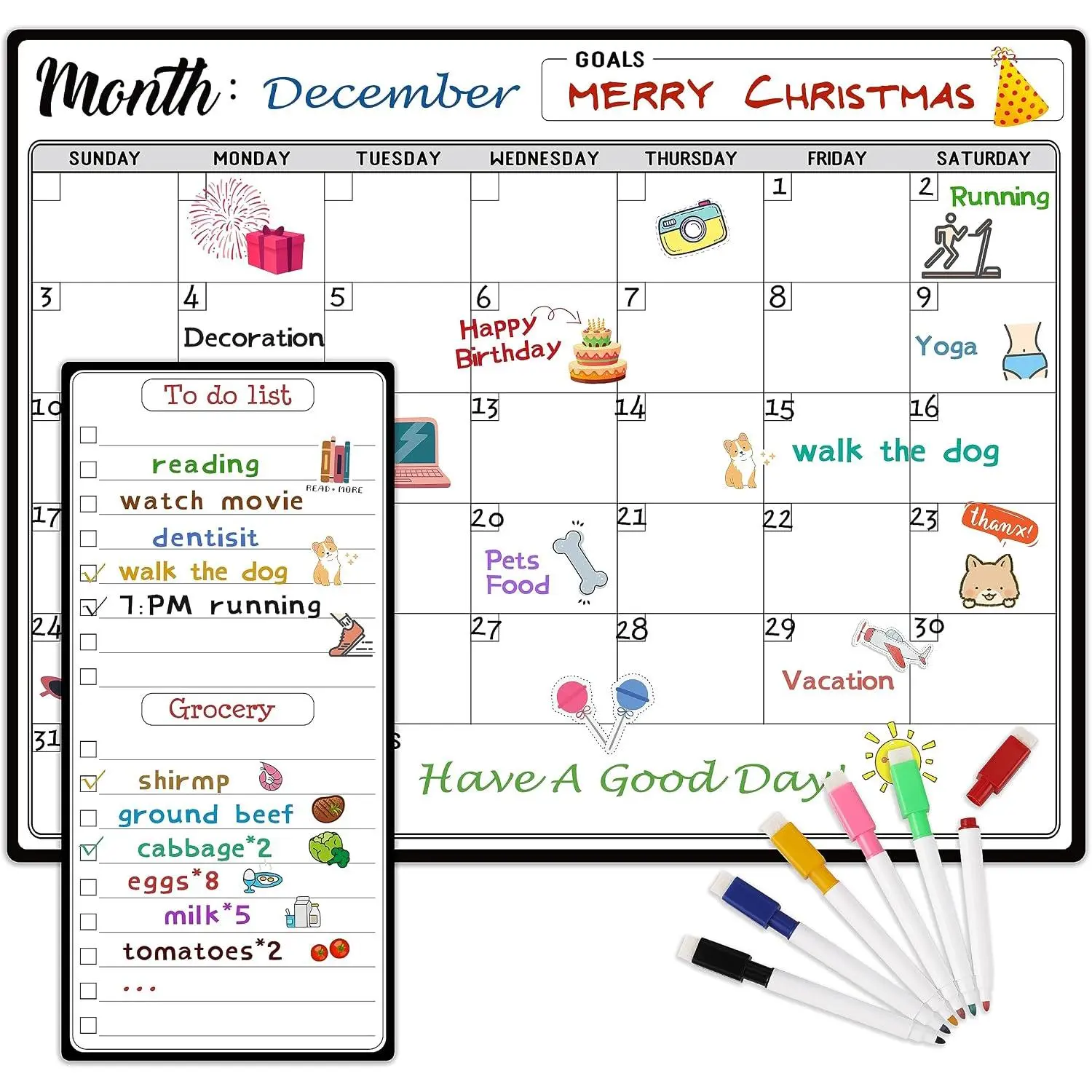 Dry Erase Refrigerator Whiteboard Calendar with Multicolor Markers - 15"x11" Monthly Organizer, Today List for Office Stationery & Personal Planning