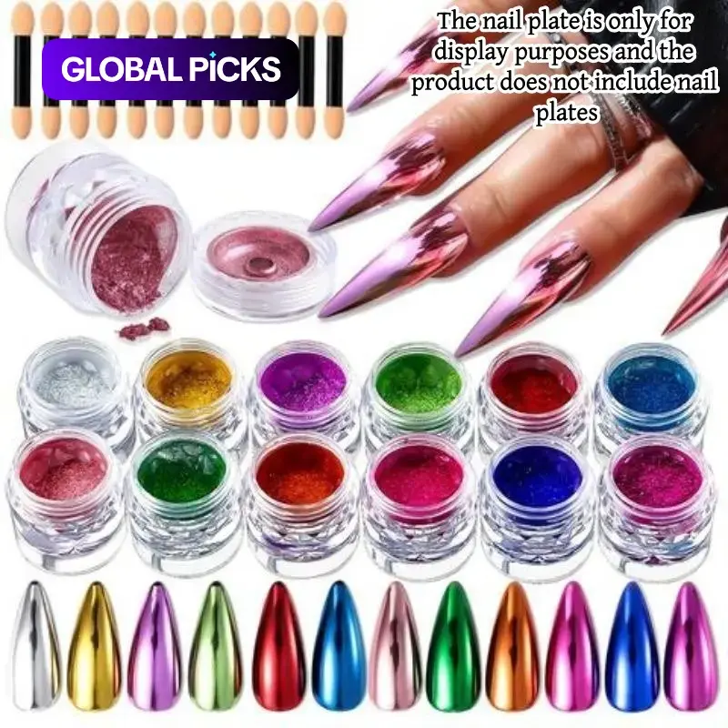 12 Colors Metallic Chrome Mirror Nail Powder Set, Multi-Functional Nail Flakes for Nail Art Decoration and Nail Designs, High-Quality Nail Art Supplies Accessories