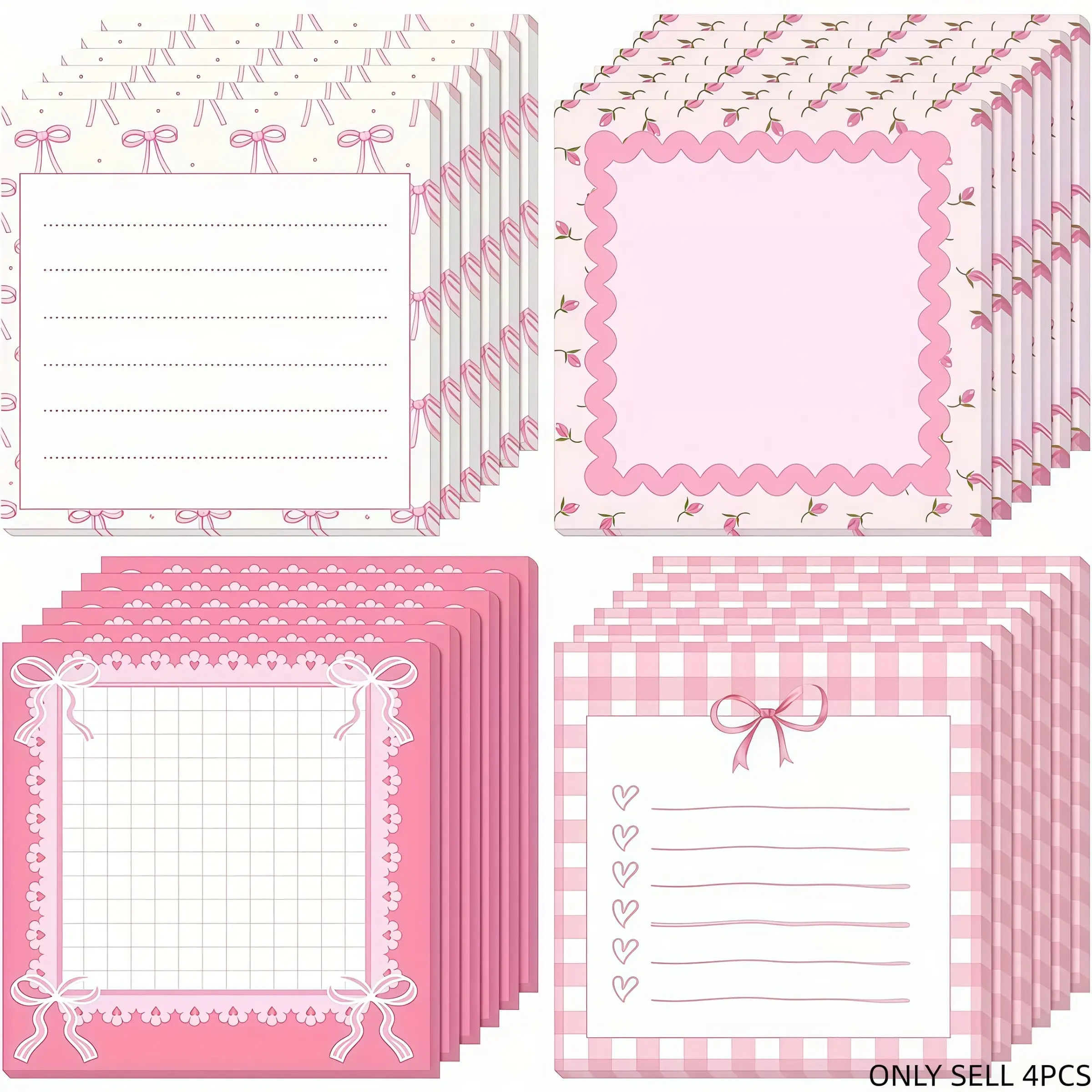 4/8 cute bow sticky notes 3 x 3 inch cute bow sticky notes cute bow things with rope notebook memo school supplies ladies party gifts (pink), each piece of 30 pieces of paper, very suitable for room decoration Sticky Notes Set Sticky Labels
