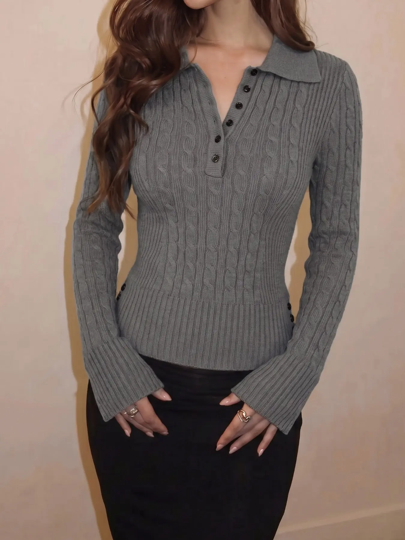 Women's Lapel Gray Knit Sweater, Long Sleeve, Cable Design, Perfect for Fall Winter Daily Wear, Stylish and Comfortable, Ideal for Casual