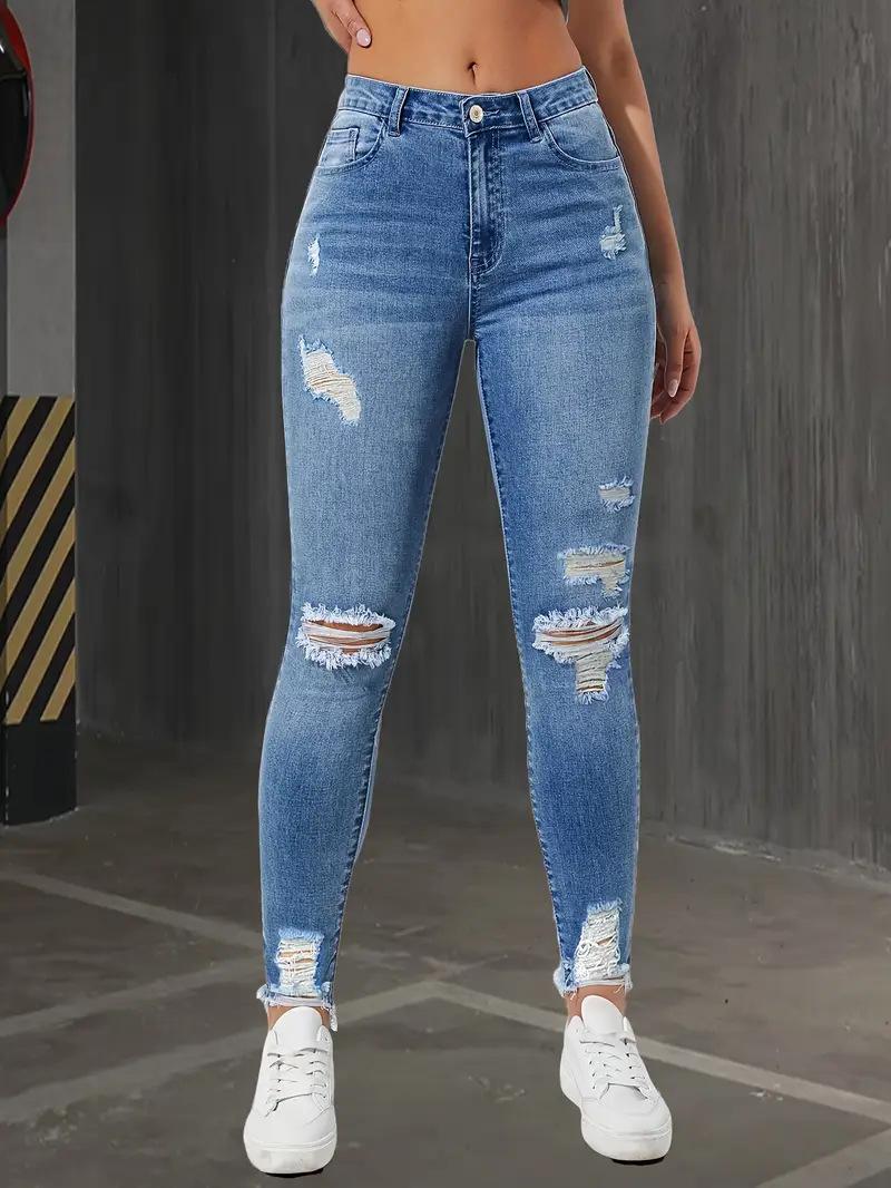 New stretch denim jeans with slits and slim fit for ladies, fashionable long pants for women