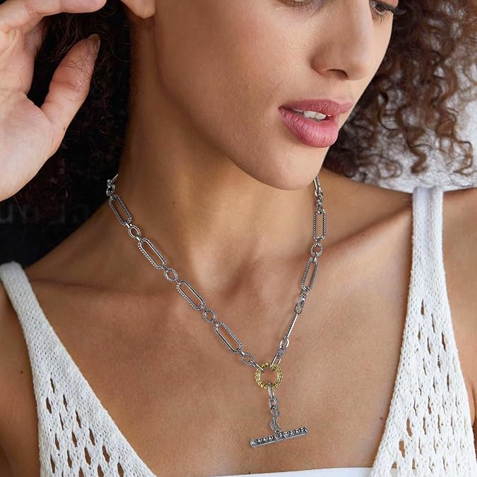 Aprilery Two-Tone Cable Chain Necklace – Designer-Inspired Twisted Rope Oval Link Statement Necklace for Women Chunky Elegant