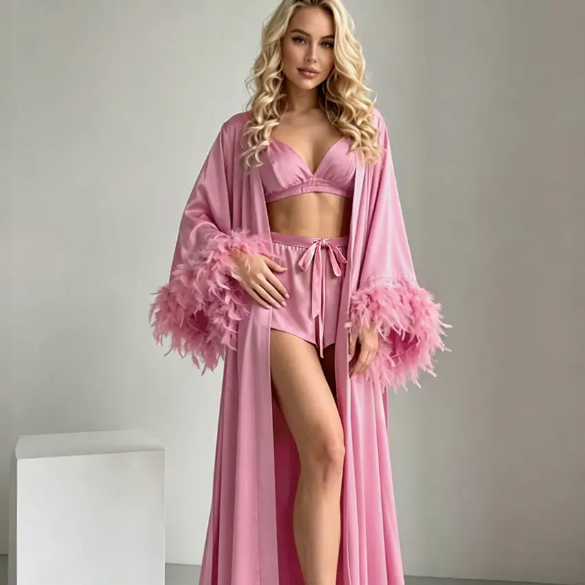 Ocean Style 2026 Women Satin Ice Silk Pajama Set#sohochic Feather Spliced Long Sleeve Top & Shorts Luxury High‑End Loungewear Intimate Sleepwear