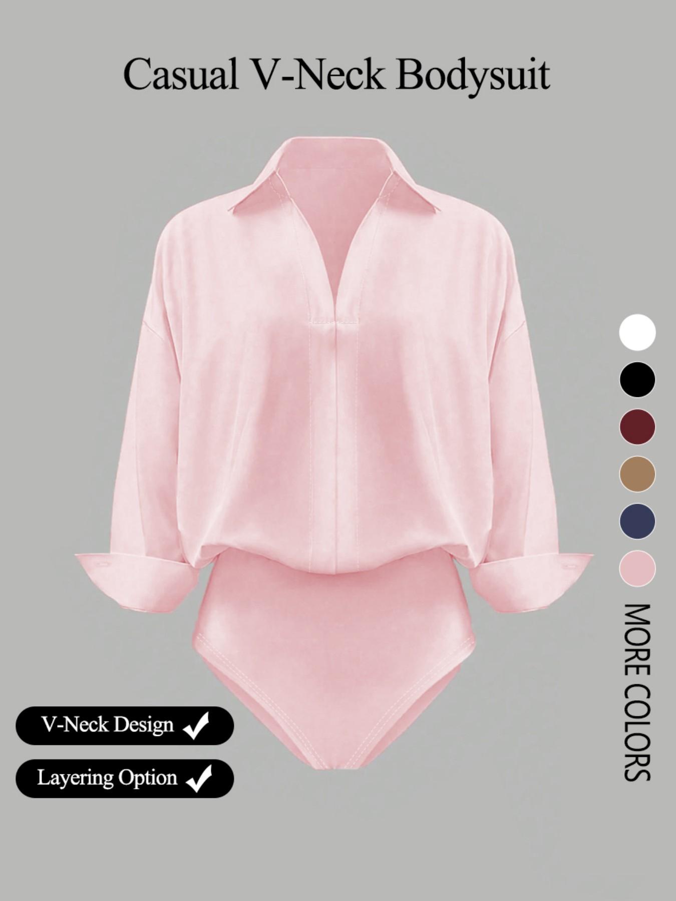 Women's casual loose V-neck long-sleeved shirt jumpsuit, elegant woven fabric, slim fit, suitable for all seasons, and can be layered flexibly.