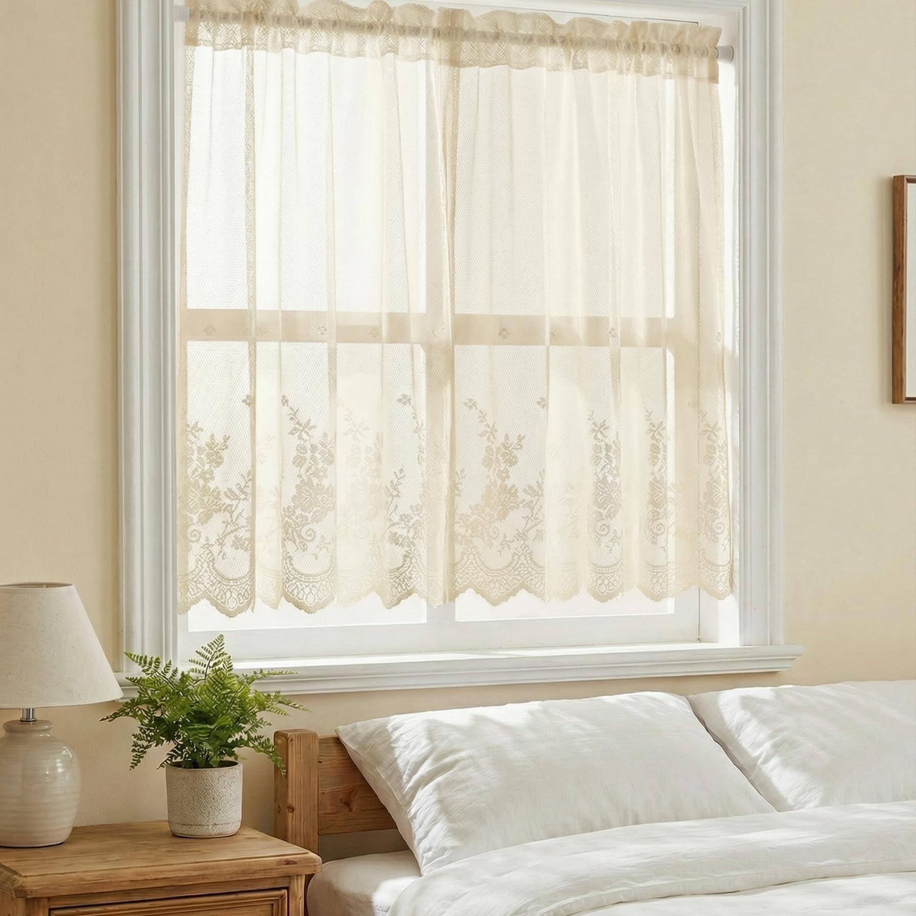 Lace Floral Embroidered Semi-Transparent Curtain, Kitchen Coffee Shop Restaurant Bathroom Decor, Elegant Window Treatment