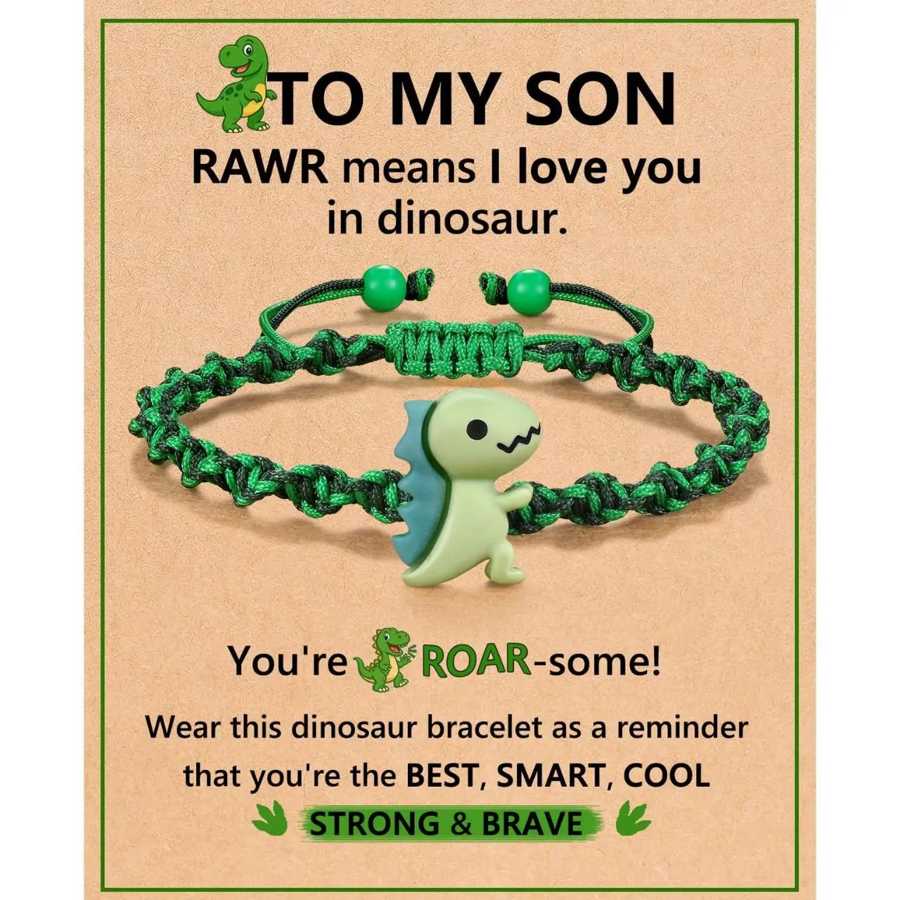 1Pc To My Son Dinosaur Bracelet With Card - Cute Dinosaur Charm Woven Rope Adjustable Wristband Jewelry Gift For Son Boys Kids Birthday Back To School