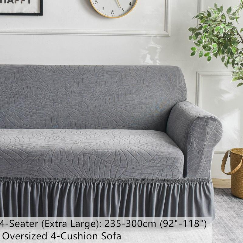 Water Repellent Stretch Sofa Cover, Ruffle Skirt, Leaf Jacquard, Anti-Slip, Pet & Kids Friendly, Furniture Protector for 1/2/3 Seater, Washable Elastic Sofa Slipcover