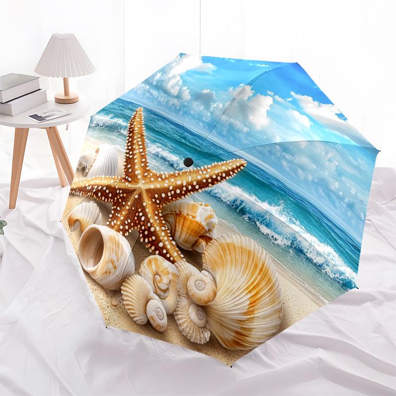 1 PC Automatic Folding Umbrella - Beach Starfish Shells Ocean Waves Pattern, Portable & Foldable Design with 8 Ribs, Merry Christmas Pattern,Casual Outdoor Accessory Halloween and Christmas Birthday Gifts. G00125
