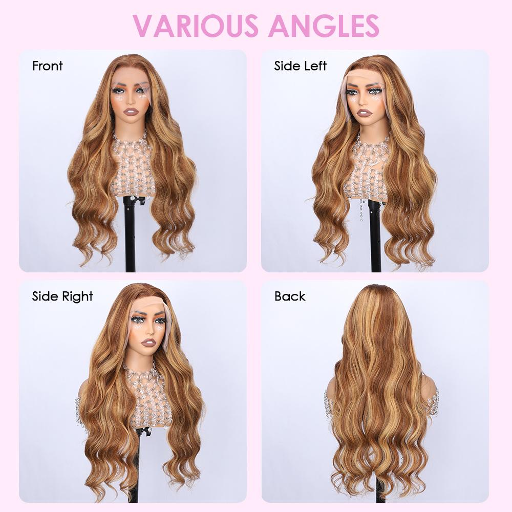 Pizazz Hair 220% Density 13x6 Highlight Body Wave Full Lace Front Wigs Human Hair Pre Plucked 4/27 Honey Blonde HD Transparent Lace Front Wig Human Hair Pre Bleached Wig For Women