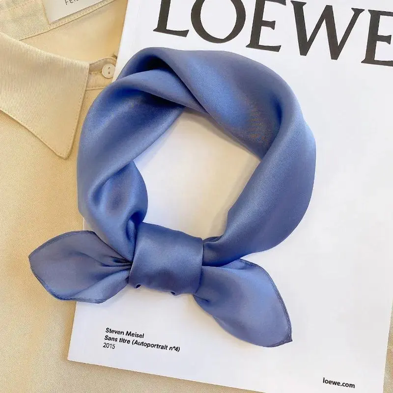 Women's Luxury Brand Solid Blue Silk Satin Hijab Scarf, 70x70cm Square Fashion Shawl