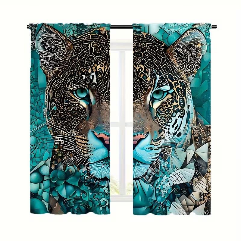 Polyester Material High-Definition Digital Print Blue Tiger Pattern Curtains, Light Filtering Drapes for Bedroom Living Room Office Home Decor