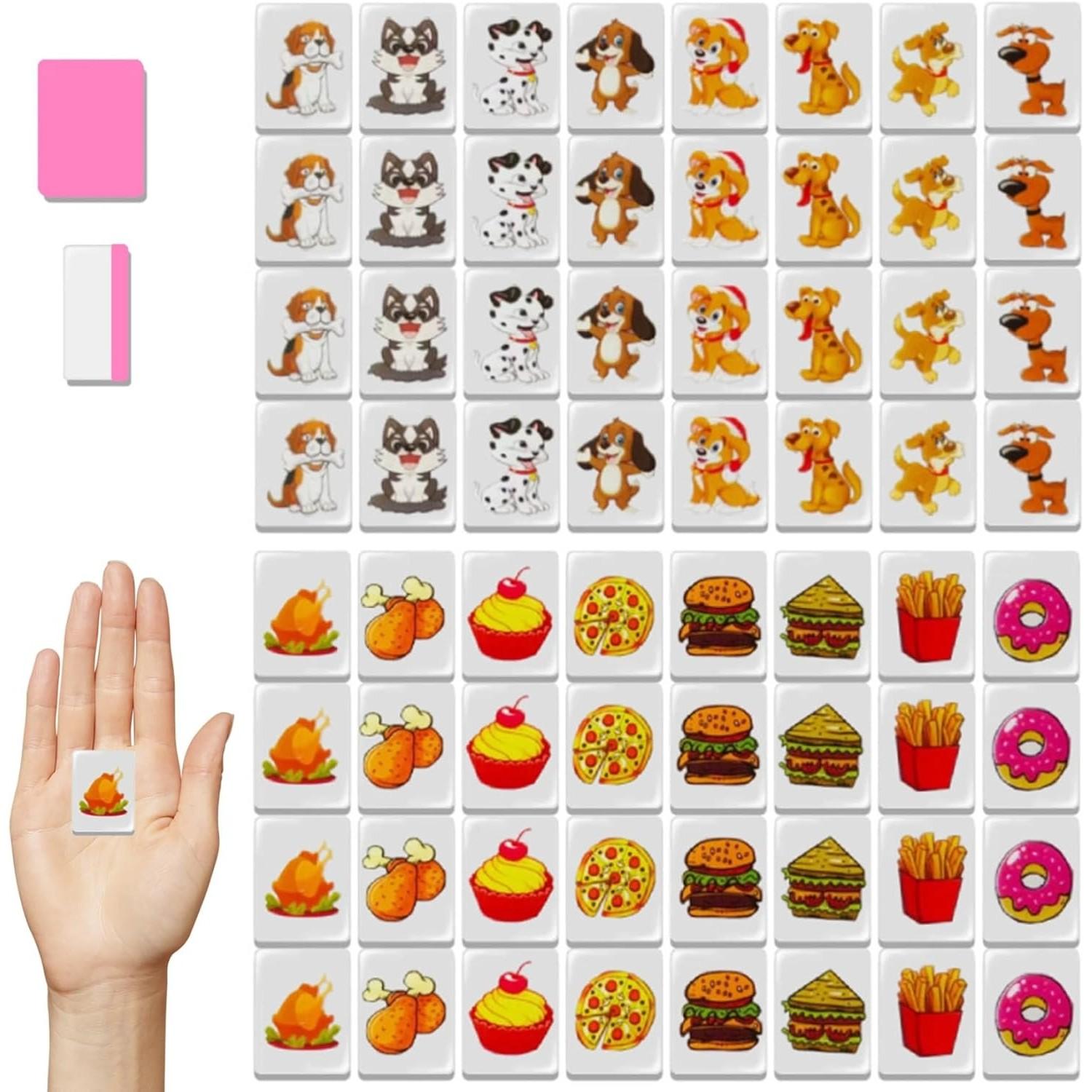 Push Tile Game Set 64 Pieces, Cute Dog and Food Pattern Mahjong Tiles, Durable Material, Perfect Gift for Family Gatherings