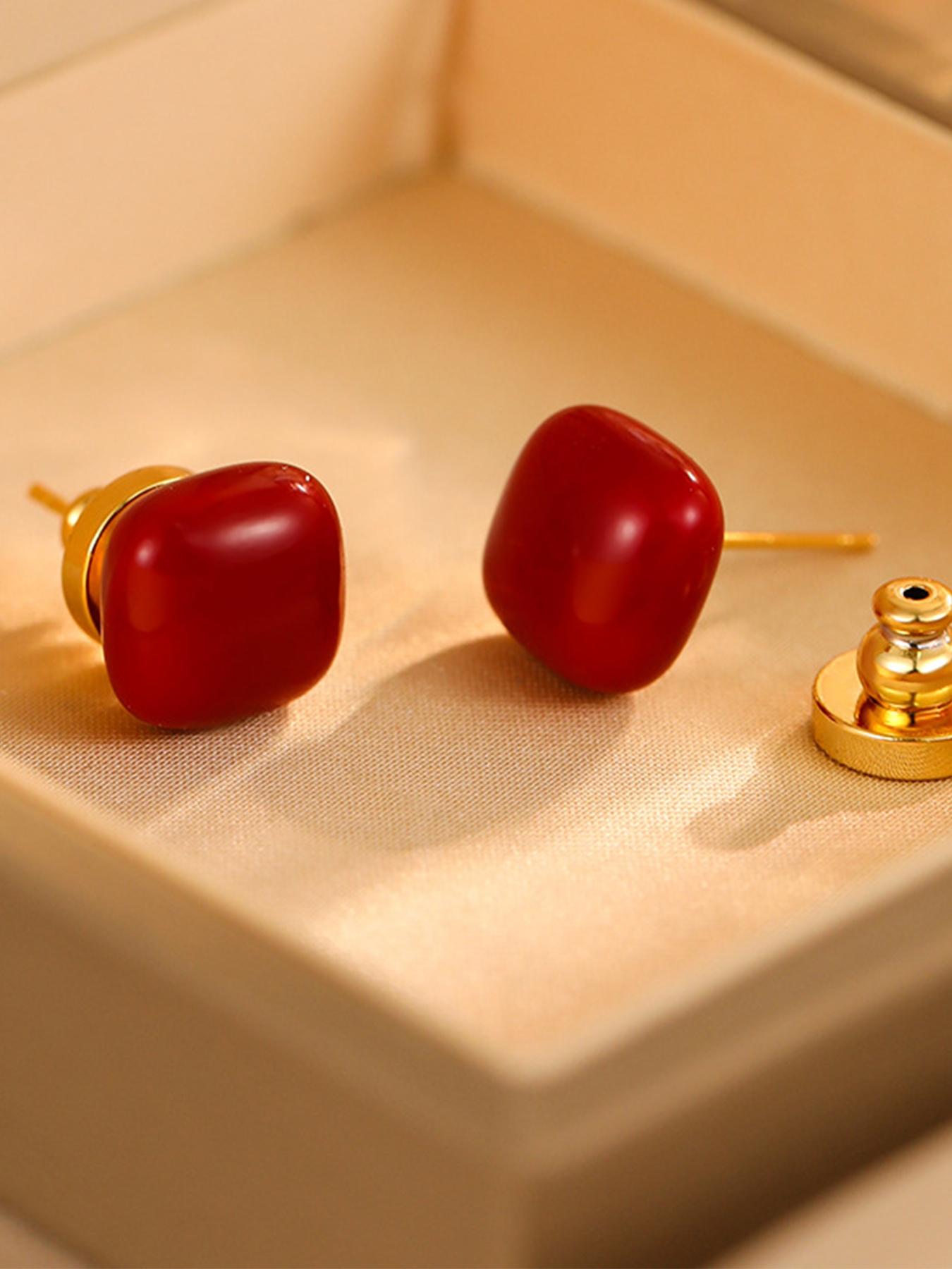 Women's Hypoallergenic Titanium Steel Square Stud Earrings, Dainty Gold Plated Cushion Red Gemstone Earrings Minimalist Fashion Jewelry for Everyday Wear Gift
