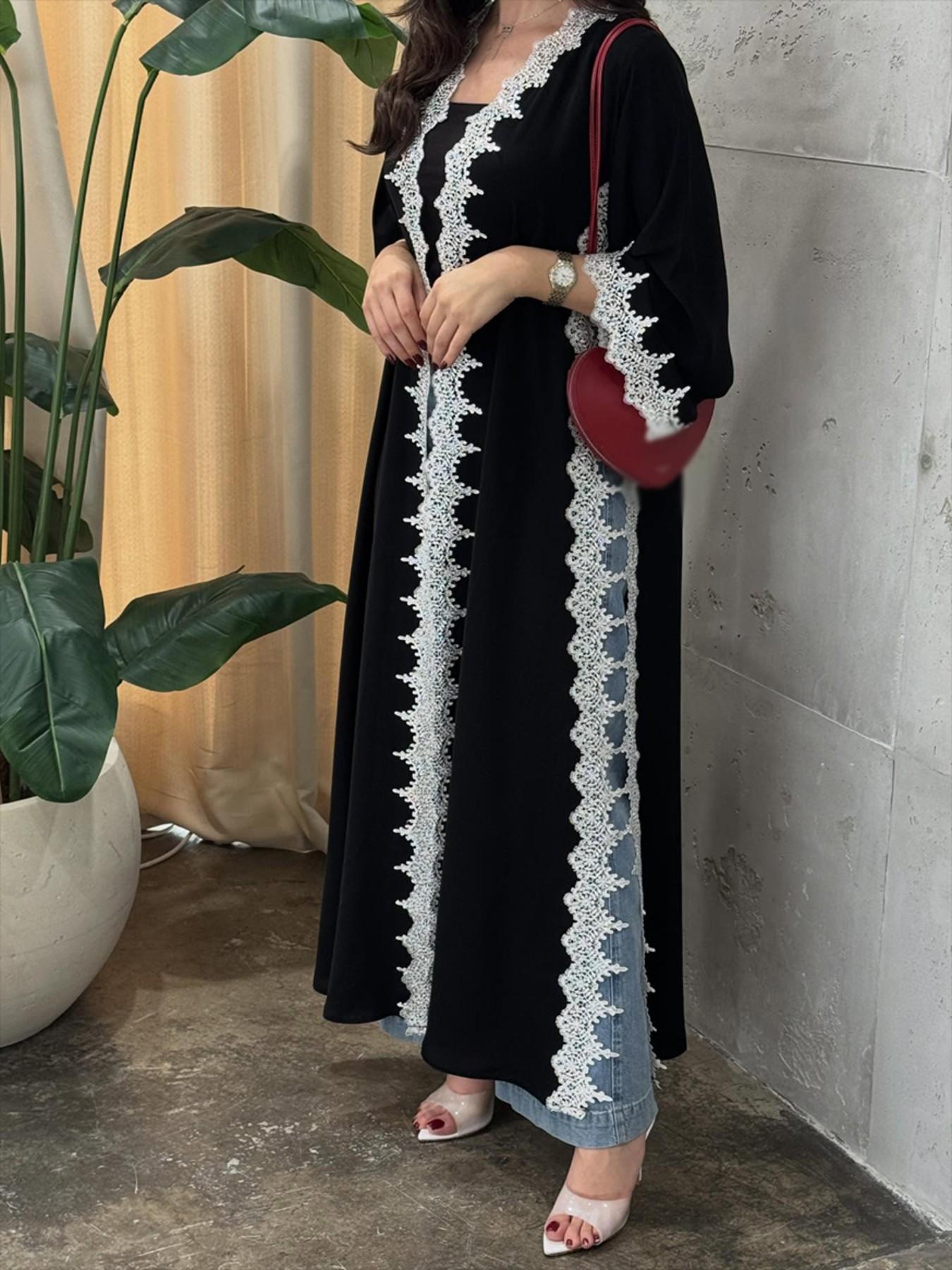 Hafizah French Lace Trim Long Sleeve Oversize Loose Fit Cardigan, Casual Drop Shoulder Outerwear for All Seasons, Chic Office Style Women's Daily Wear Jacket Everyday