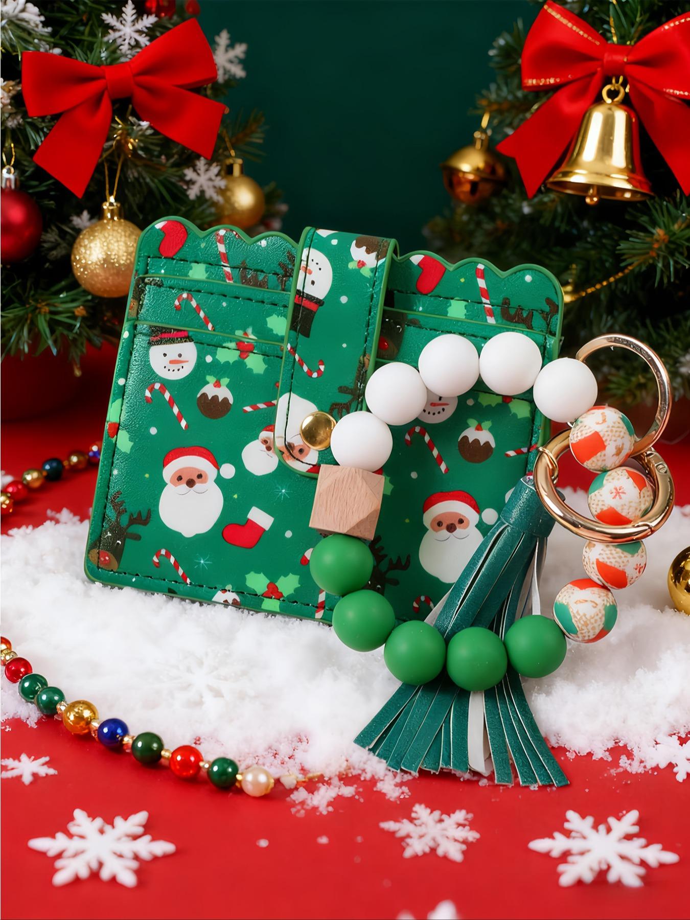 Christmas Theme Card Holder Keychain, Santa Claus Snowman Reindeer Design, Button Closure, Easy Storage, Gift for Friends and Family, Keychain Kawaii