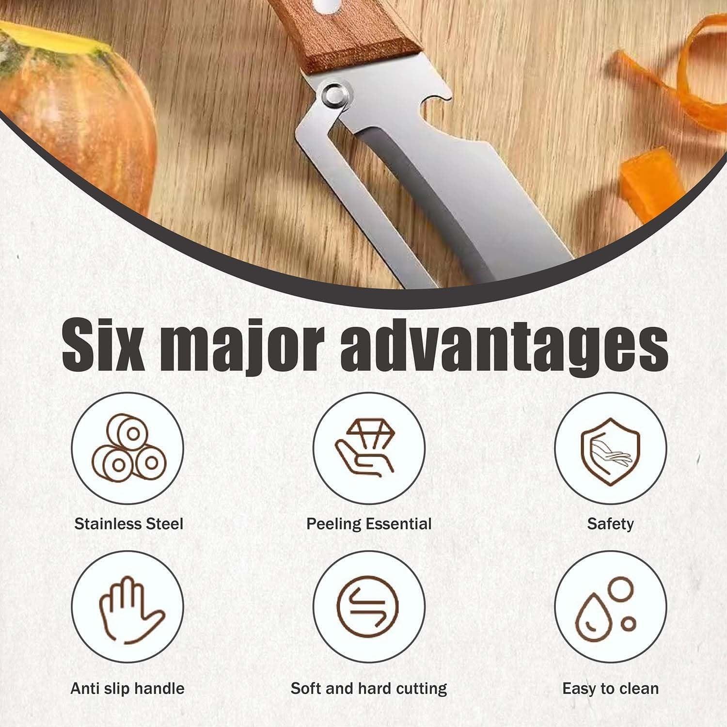 Two-In-One Kitchen Peeler with Wooden Handle and Bottle Opener, Comfortable Non-Slip Stainless Steel Blade, Easy to Clean, 2 Pieces Set