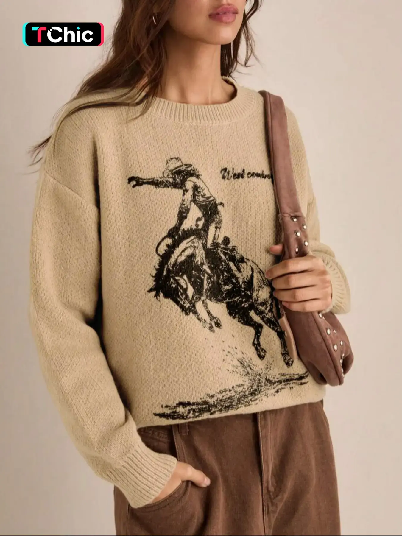 Autumn Winter Retro Vintage Western Style Denim Animal Print Women's Round Neck Pullover Sweater, Long Sleeve Loose-Fitting Casual Top