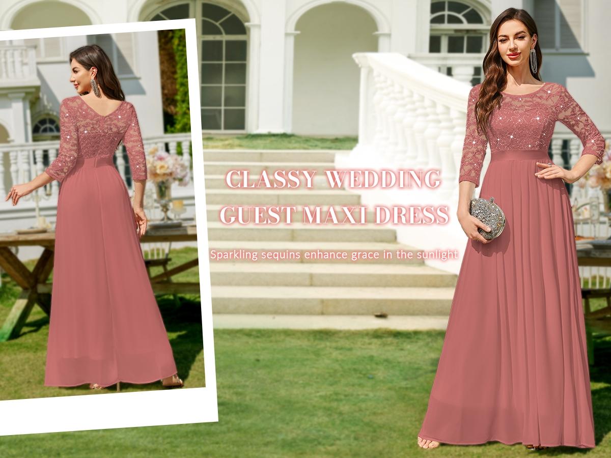 MIUSOL 24268A Elegant Sequin Floral Lace 3/4 Sleeve Pleated Hem Chiffon Formal Prom Party Maxi Dress