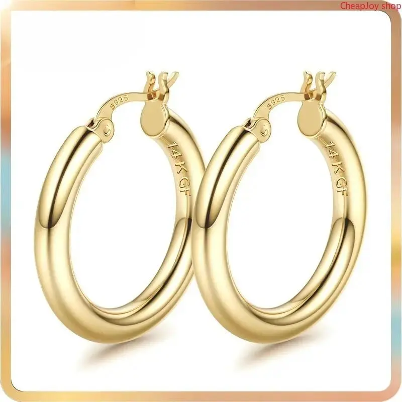 14K Gold Chunky Hoop Earrings for Women, Trendy Minimalist Hollow Tube Hoops with 925 Sterling Silver Post, Lightweight Hypoallergenic Statement Earrings, Large Thick Round Hoops for Everyday Wear, Party, Date Night & Jewelry Gifts 25-70MM