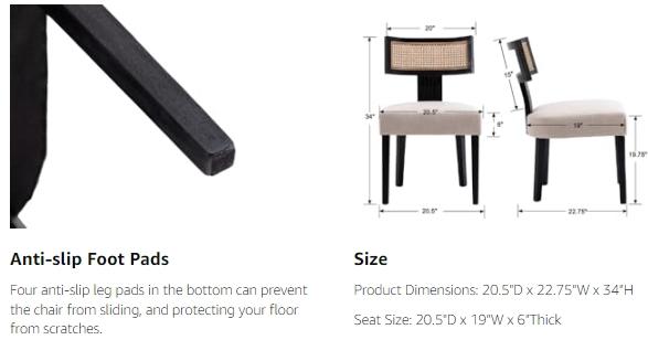 CHAIRUS Rattan Dining Chairs Set of 2, Mid Century Modern Dining Chairs ,Linen Upholstered Dining Chairs with Rattan Back Wood Legs,  Farmhouse Linen Kitchen Chairs with Cane Curved Back Armless Solid Wood Dining Chairs, Beige