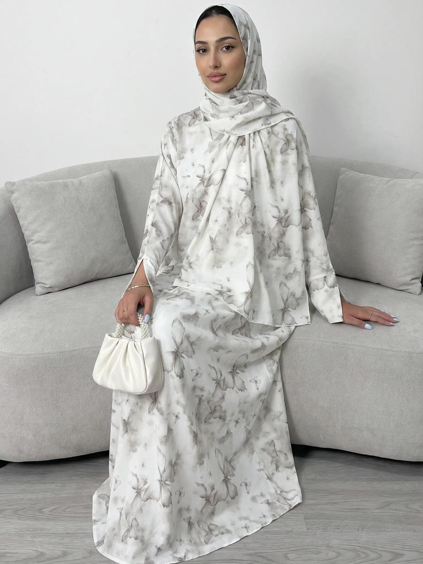 Elegant Floral Abaya Open Front Cardigan Long Robe Set, Perfect for Vacation Parties Gatherings, Includes Headscarf, Fashionable and Beautiful, Watercolor Abaya Set