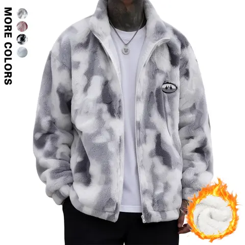 Men's Casual Menswear Tie-Dye Fleece Jacket - Oversized Stand Collar Zip-Up Long Sleeve Top, Regular or Fleece-Lined Options, Fall Winter Warm Outerwear