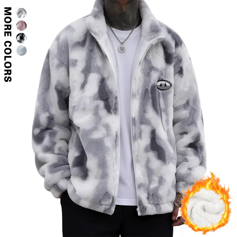 Men's Casual Menswear Tie-Dye Fleece Jacket - Oversized Stand Collar Zip-Up Long Sleeve Top, Regular or Fleece-Lined Options, Fall Winter Warm Outerwear