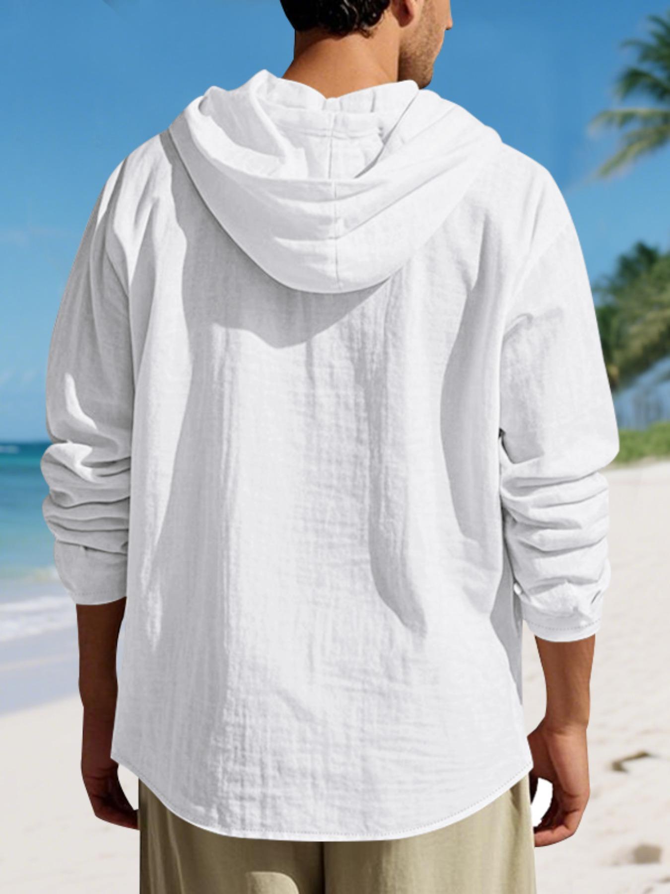Men's Solid Color Linen Hooded Long Sleeve Shirt, Loose Fit Casual Beach Vacation Style, Comfortable Spring Summer Fashion
