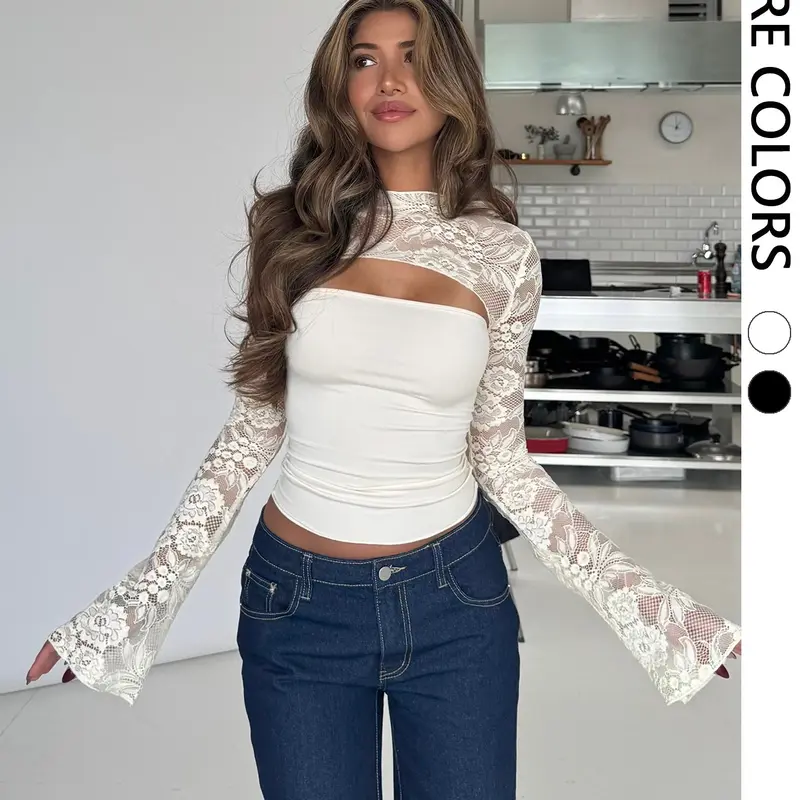 Lace Floral Top, Hollow Out Slim Fit Sheer Top for Night Out