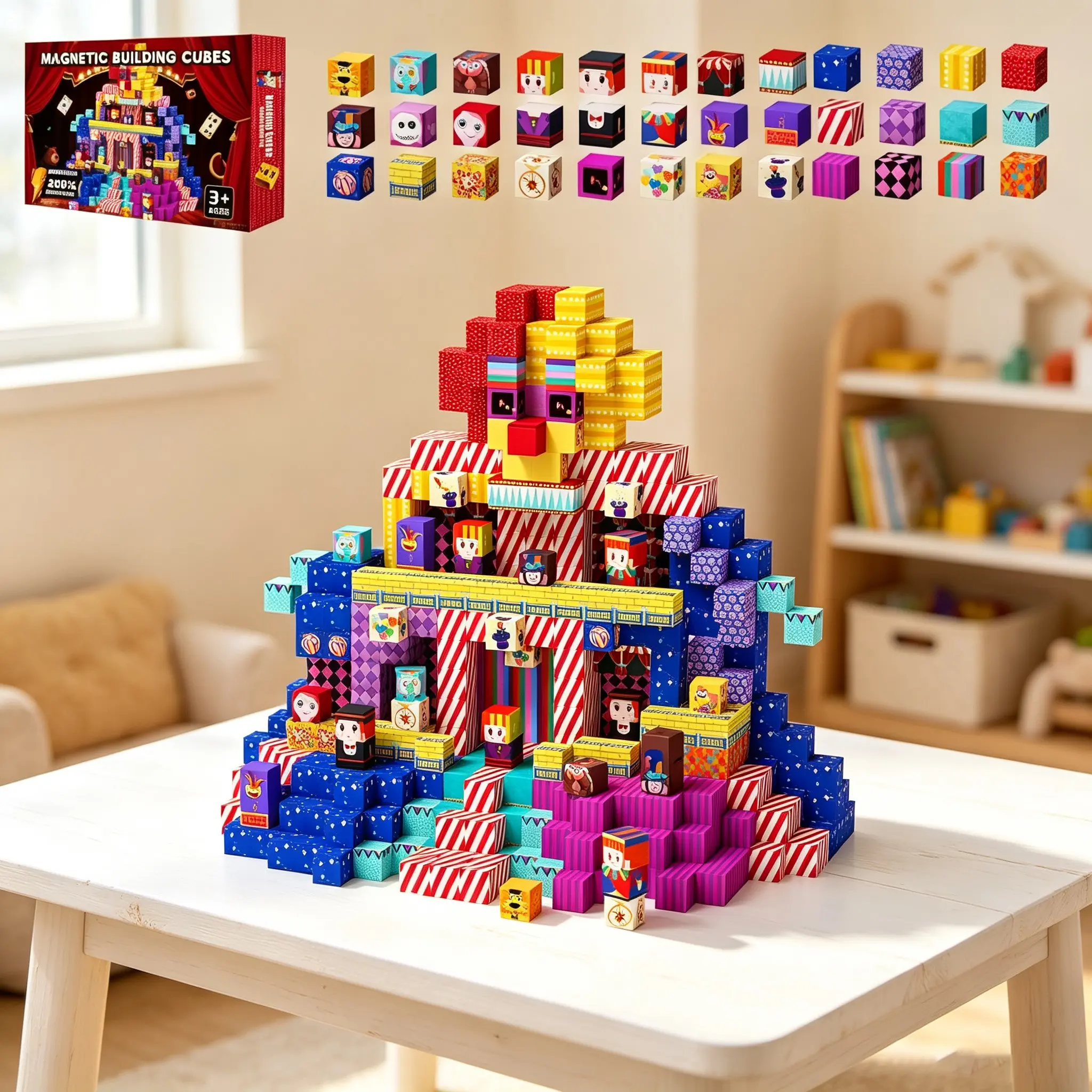 Magnetic Building Blocks Circus Adventure Set, STEM Montessori Sensory Toy for Kids Ages 3+, Magnetic Cubes for Spatial Thinking Construction, Creative Stacking Building Toy, Birthday Christmas New Year Gift for Boys & Girls