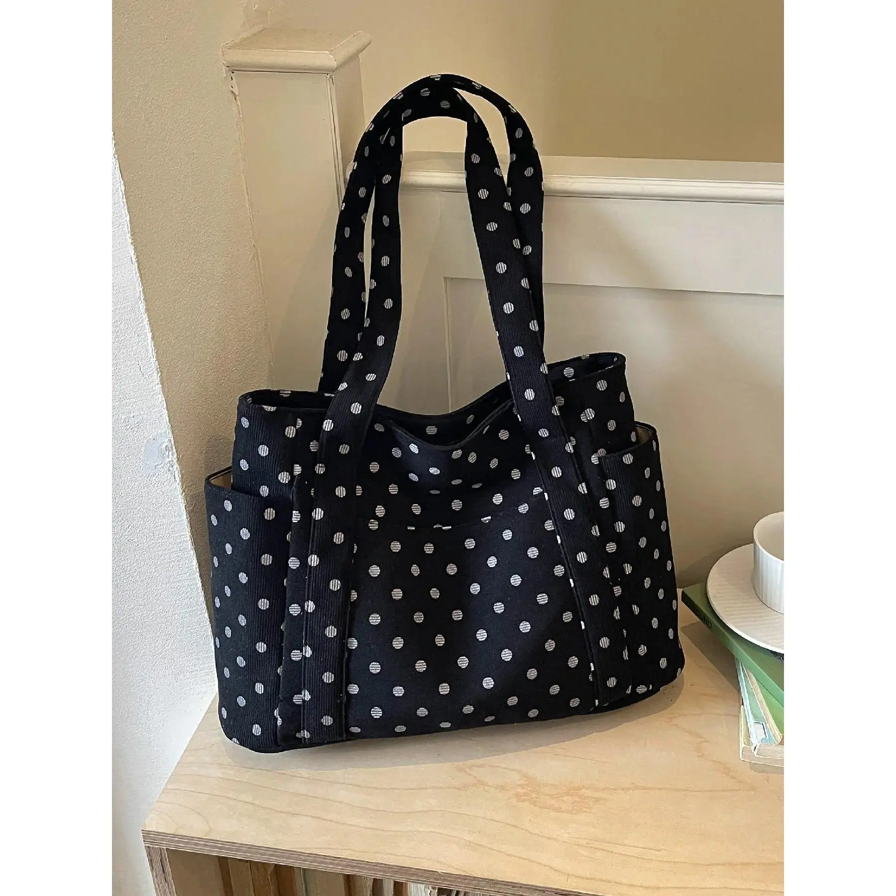 Women's Vintage Polka Dot Tote Bag - Large Capacity & Lightweight Shoulder Bag with Multiple Pockets for Work, College, One Size, Tote Bags, College Bag