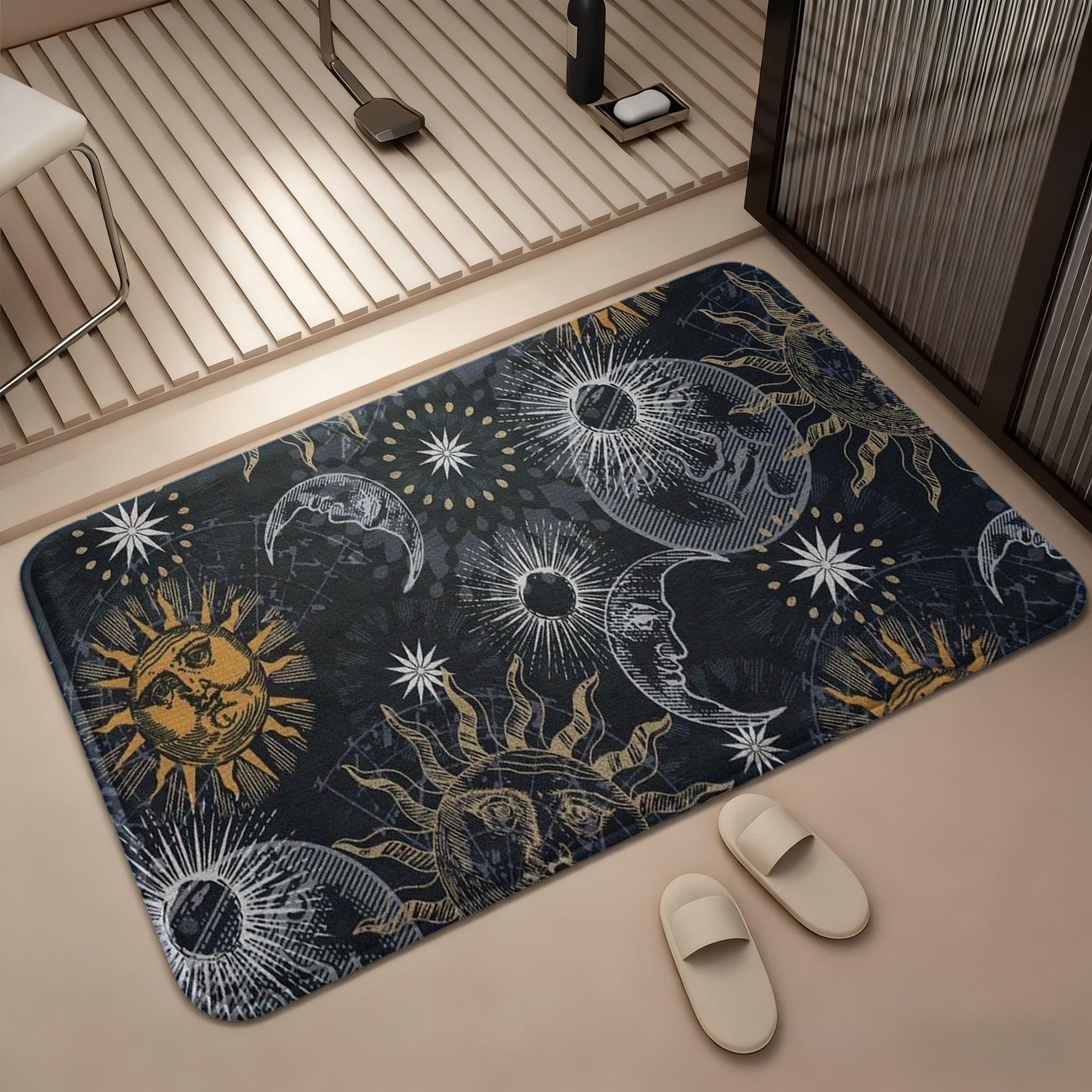 Sun, moon, stars and celestial patterns 1-Piece Bathroom Mat, Soft Bath Mat, Absorbent High-Quality Bathroom Carpet, Non-Slip and Comfortable Bathroom Mat, Suitable for Bathroom Floors, Sinks,