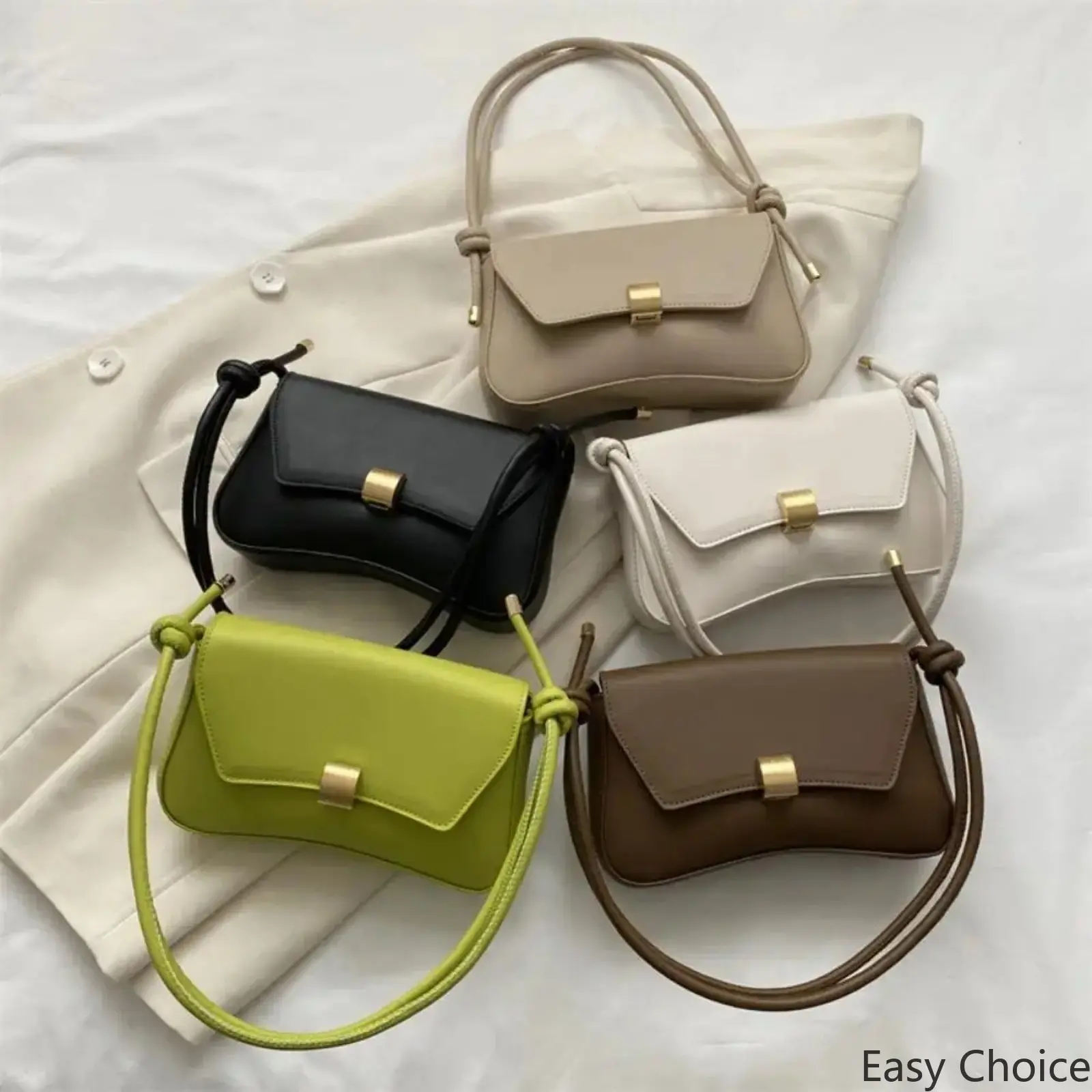 Smooth Faux Leather Curved Baguette Shoulder Bag for Women, Minimalist Underarm Handbag with Knotted Strap & Gold Lock Detail, Sleek Fashion Purse for Daily Commute, Dating & Casual Outing